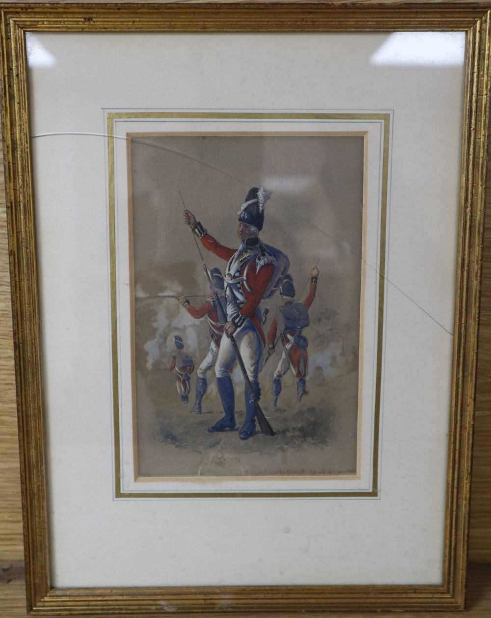 Richard Simkin (1840-1916), gouache and watercolour, Study of 18th century soldiers, signed, 17 x 11cm